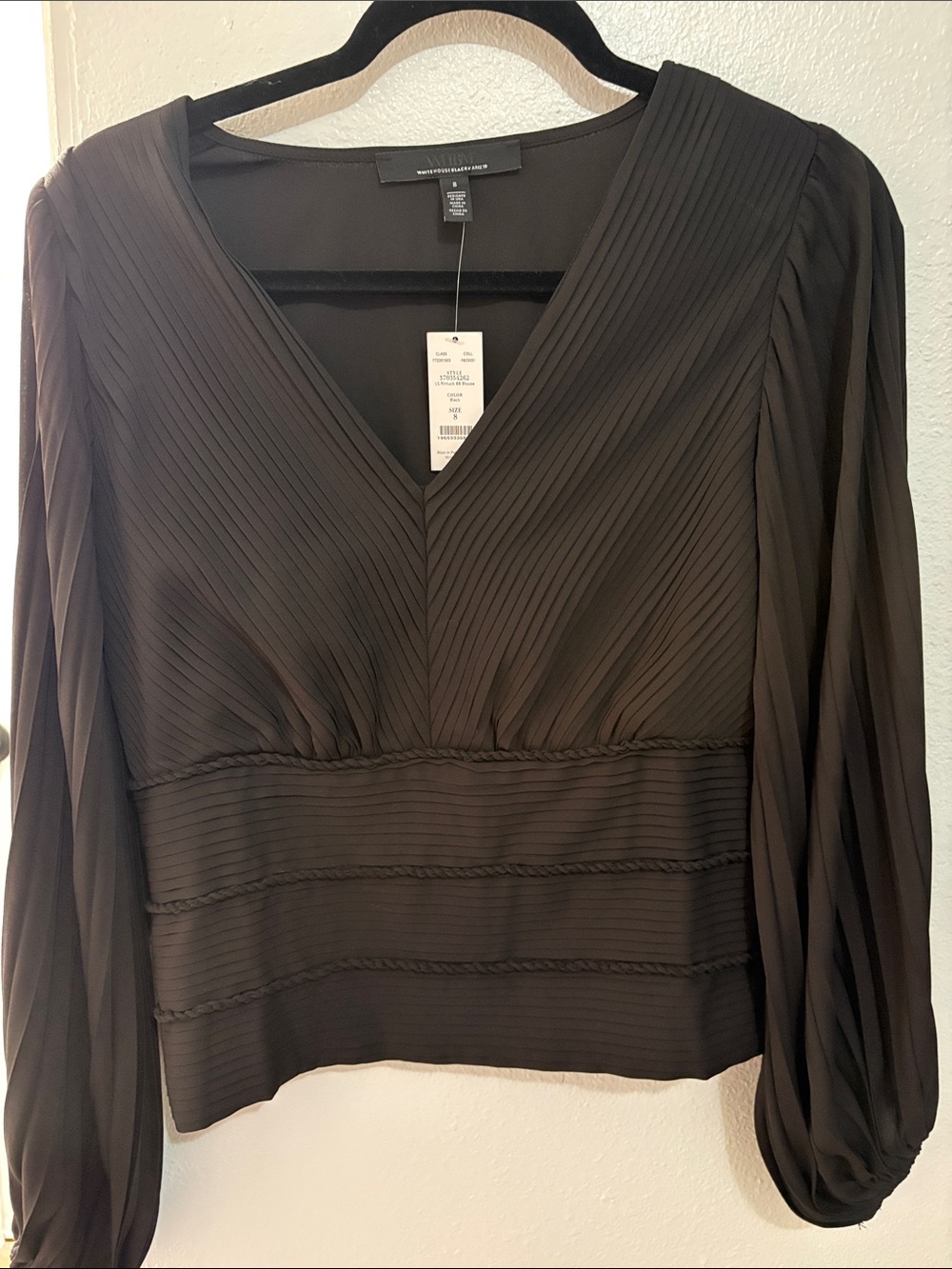 White House Black Market Black Pleated V-Neck Long Sleeve Blouse